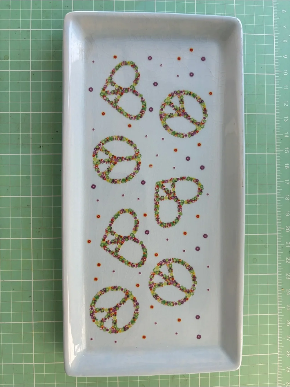Boston Warehouse White Trinket Tray with Multicolor Peace & Heart Motifs